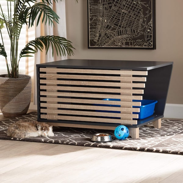 Baxton Studio Eckhart ModernTwo-Tone Dark Grey and Oak Finished Wood Cat Litter Box Cover House 194-11760-ZORO - main